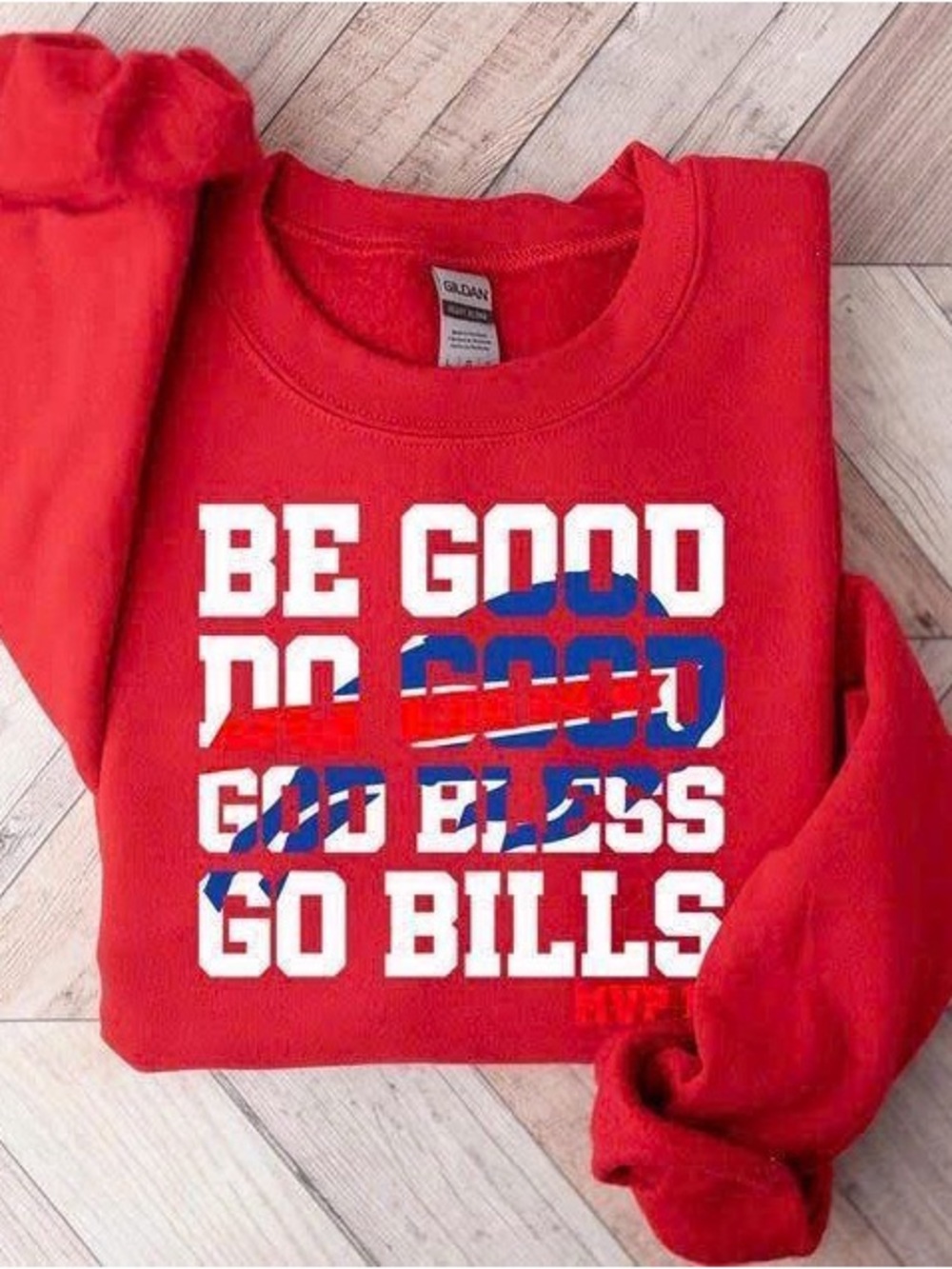 Be Good Red Crewneck Sweatshirt with White and Blue Graphic